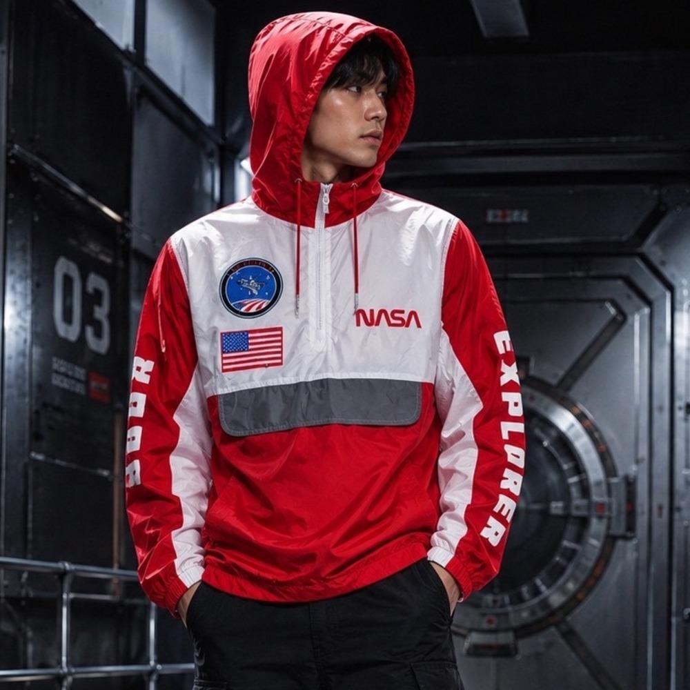 NASA Space Shuttle Colorblock Anorak Windbreaker Red White Men's L